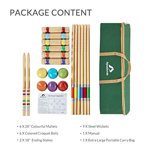 Six Player Croquet Set - 28 Inch Wooden Mallets, Balls & Carry Bag
