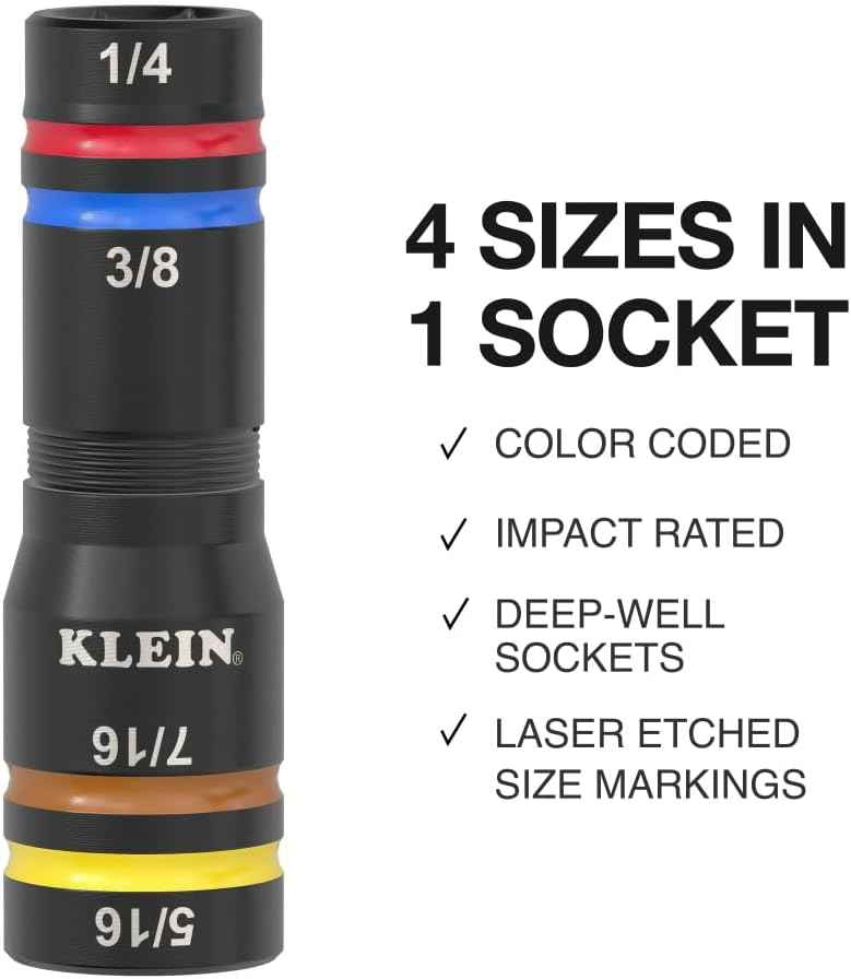 Klein Tools KNECT Quad Socket Set - 4-in-1 Color Coded, Heavy-Duty SAE Impact, 12 Sizes