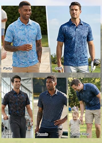 Hawaiian Golf Polo Shirt for Men - Short Sleeve, Large Black Multi Splatter