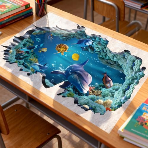 3D Under The Sea Wall Decals, Removable Ocean Theme Peel and Stick Wall Art with Dolphin Turtle Seaweed for Broken Wall Effect, Waterproof DIY Decor for Boys Bedroom, Kids Room, Bathroom, Living Room