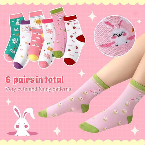 Girls Crew Athletic Socks - 6 Pairs - Green, Pink, White (10-14 Years)