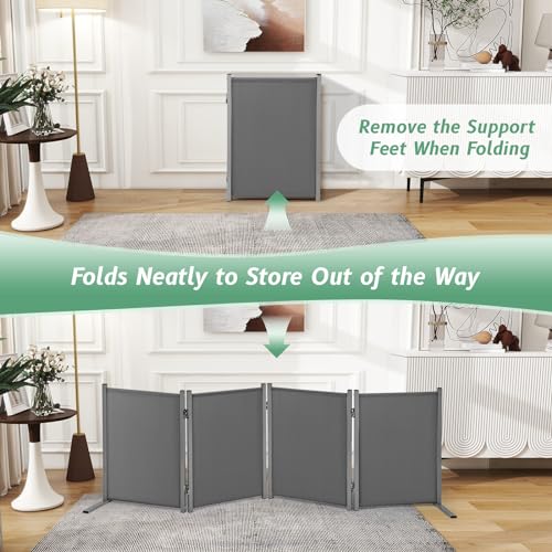 RANTILA 4 Panel Indoor Foldable Dog Fence Freestanding Dog Gate for Stairs, Hallways, or Doorways for Small Dogs- 68 X 24 Inch, Grey, Need Assembly