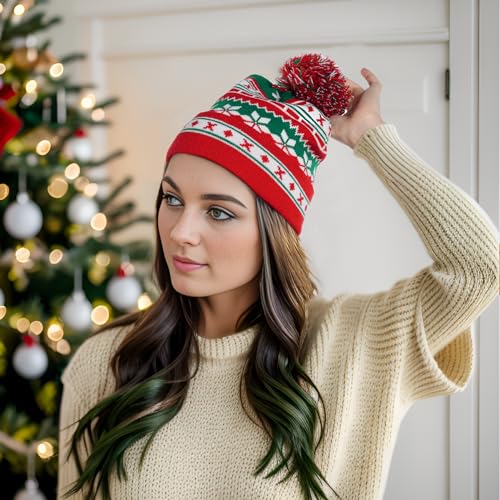 Red Beanie with Pom Pom - Winter Knit Hat for Men & Women