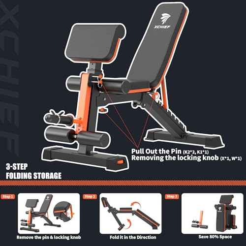 Adjustable Weight Bench - 1000LBS Capacity, Foldable Heavy Duty with Preacher Pad & Leg Extension - Orange Black