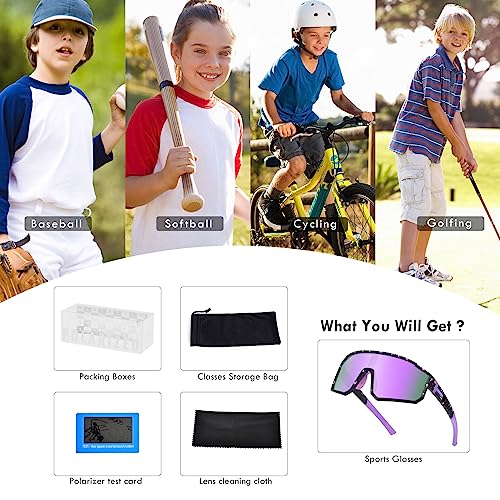 Youth Baseball Sunglasses Kids Polarized Sports UV400 Protection Black Frame Purple Lens