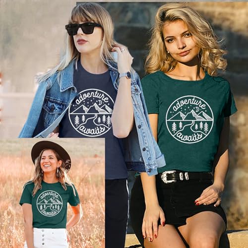 Women Mountain Hiking T-Shirt - Adventure Begins Camping Tee, Small / Green1