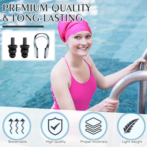 Extra Large Swim Cap for Braids with Ear Plugs & Nose Clip - Rose Red