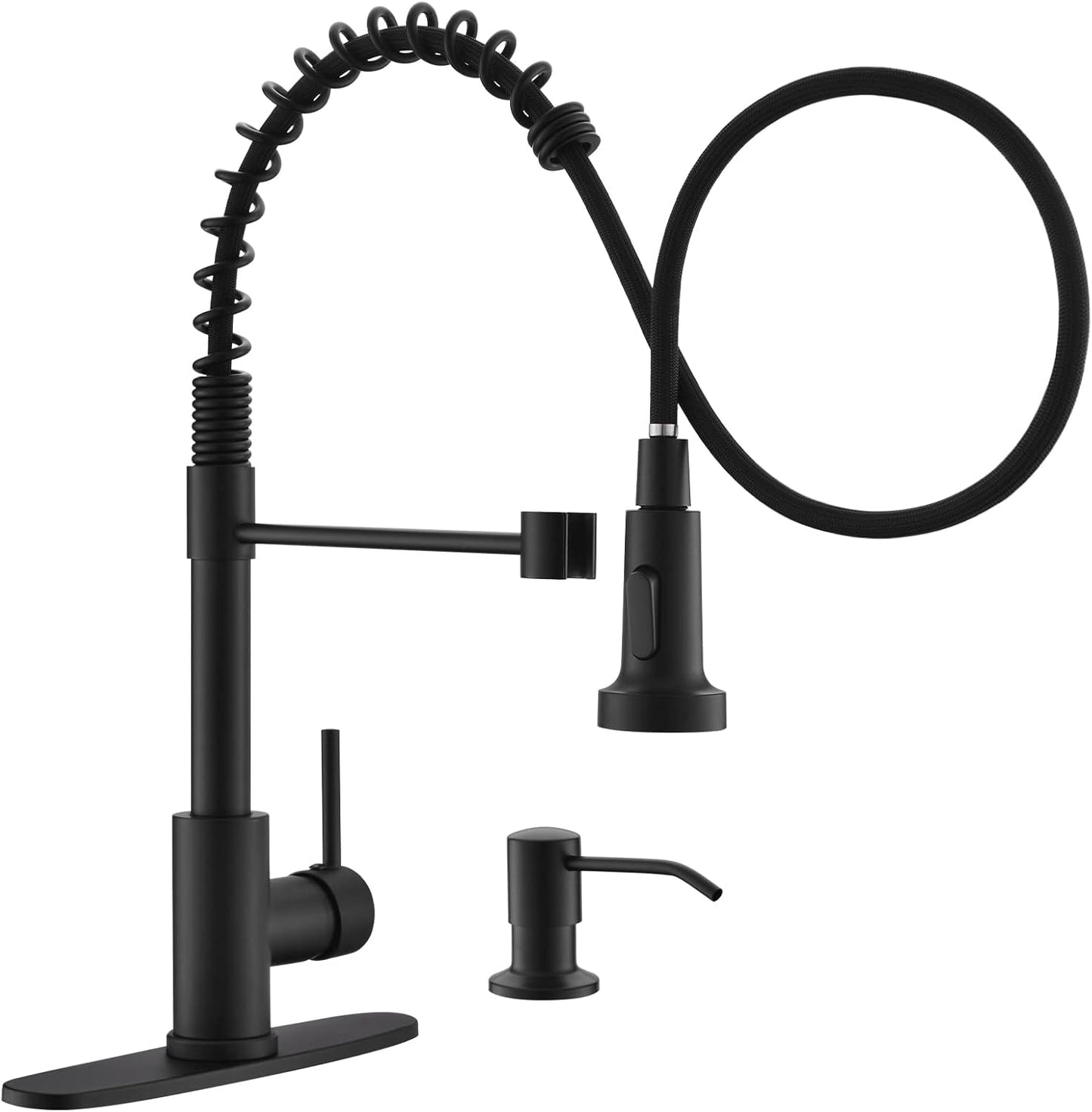 Matte Black Kitchen Faucet with Soap Dispenser - Commercial Single Handle Pull Down Sprayer