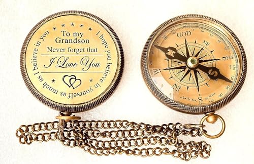 Engraved Brass Compass Gift for Grandson - I Love You