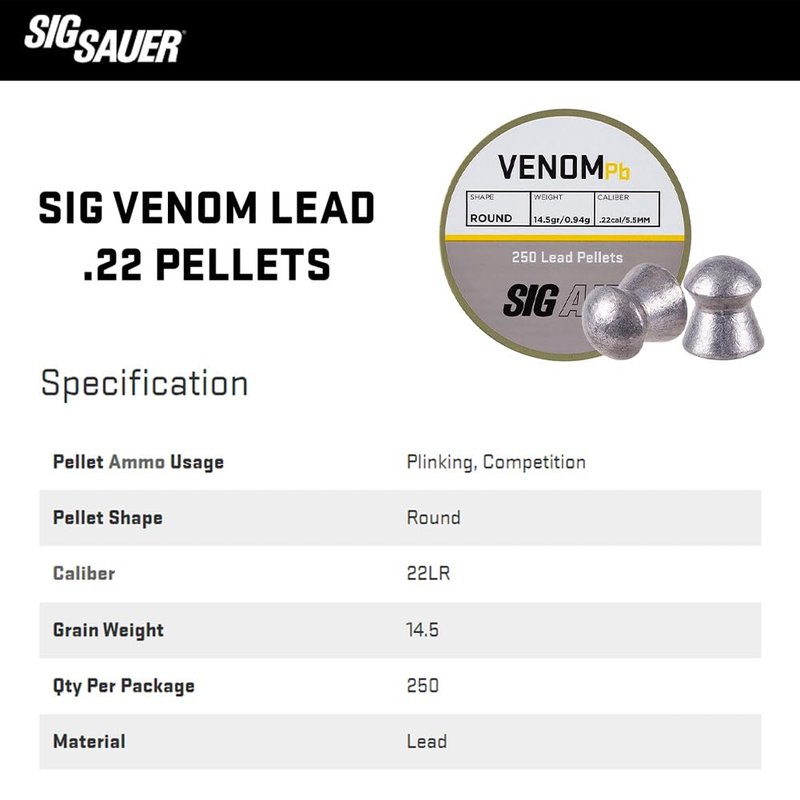 Sig Sauer Venom Lead .22 Pellets | 14.5Gr Round-Topped Air Ammunition for ASP CO2 Airguns, Pellet-Firing Air Pistols, Break Barrel & PCP Air Rifles, 250Ct