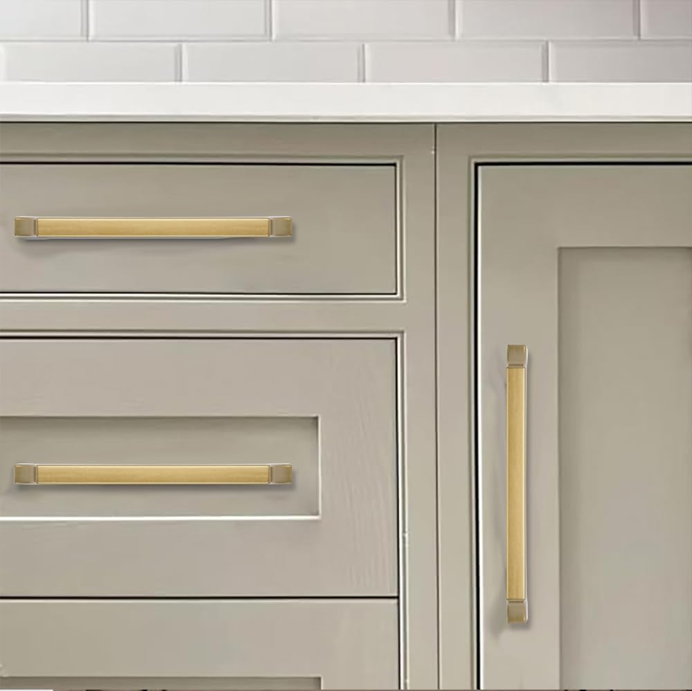 khtumeware 2-Pack 4 Inch Square Brushed Gold Cabinet Pulls, Solid Satin Gold Zinc Alloy Heavy-Duty Handles for Kitchen/Bathroom Cabinets, Drawers & Cupboards (4 Inch Center to Center)