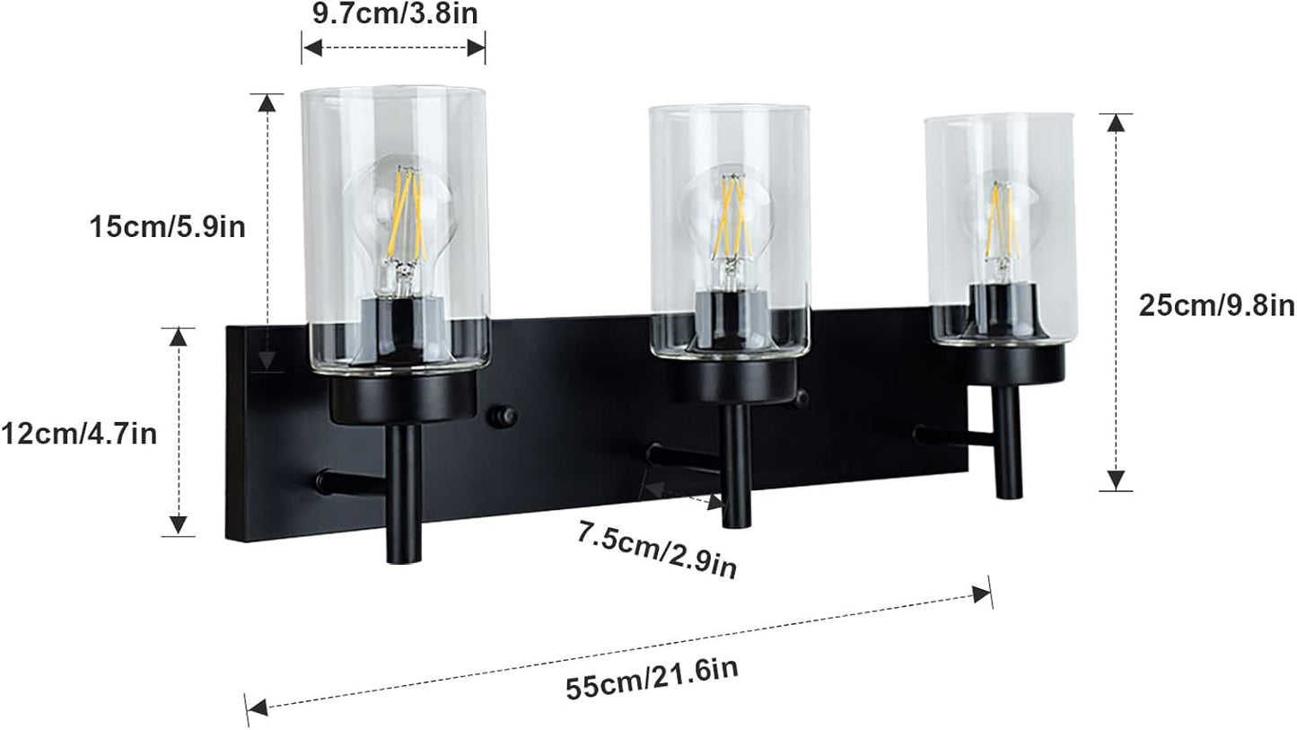Modern Black 3-Light Bathroom Vanity Light Fixture with Clear Glass Shades - 2 Pack