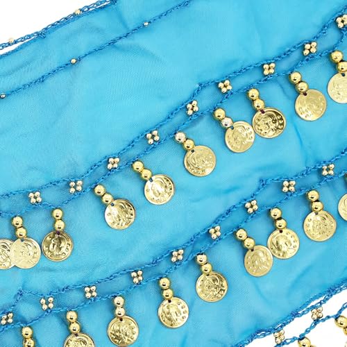 Belly Dance Hip Scarf - 3-Layer Gold Coin Design - Lake Blue