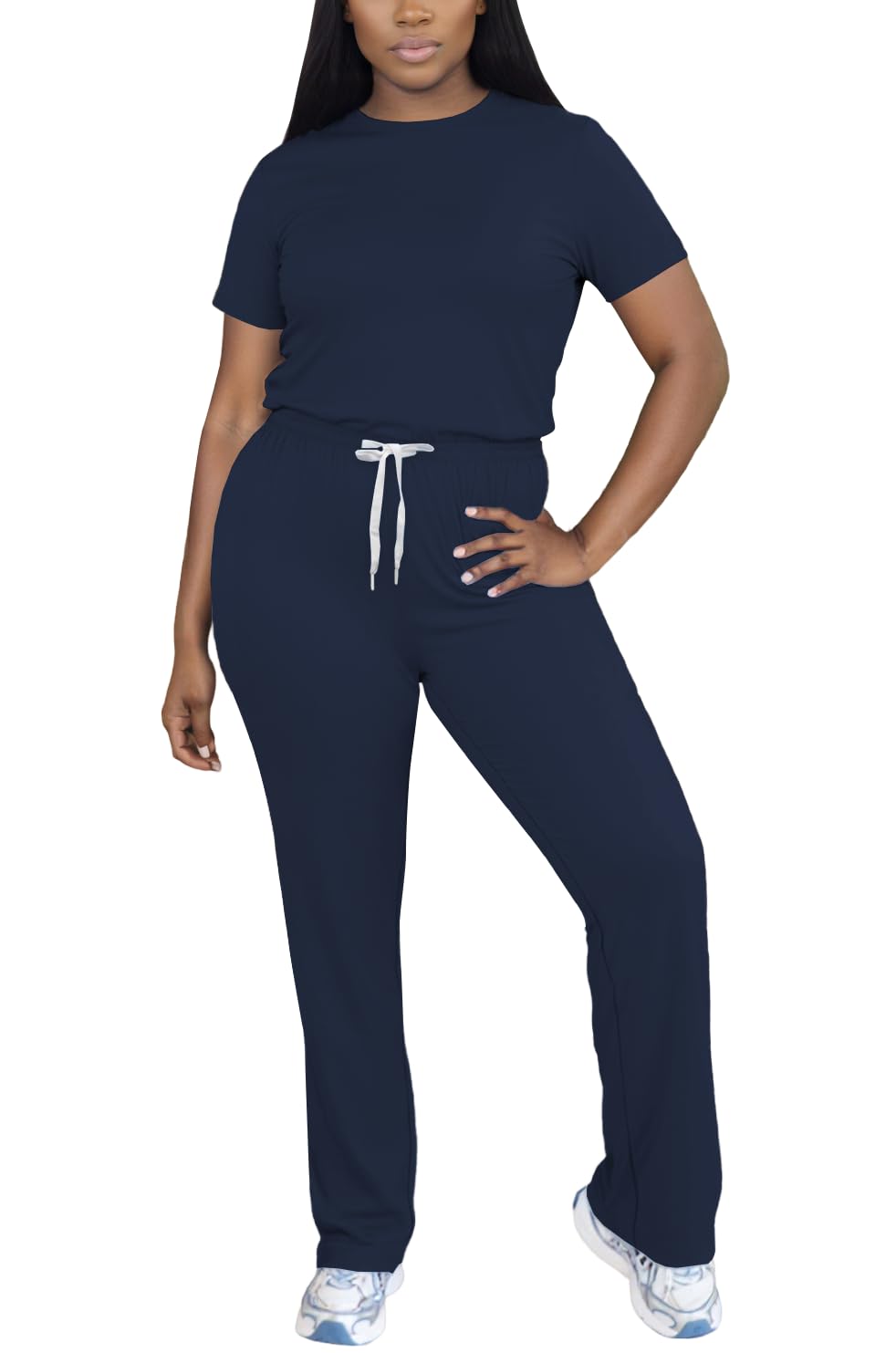 PINSV Women 2 Piece Outfits Short Sleeve Tops and Long Pants Tracksuit Workout Lounge Sets Navy Blue XL