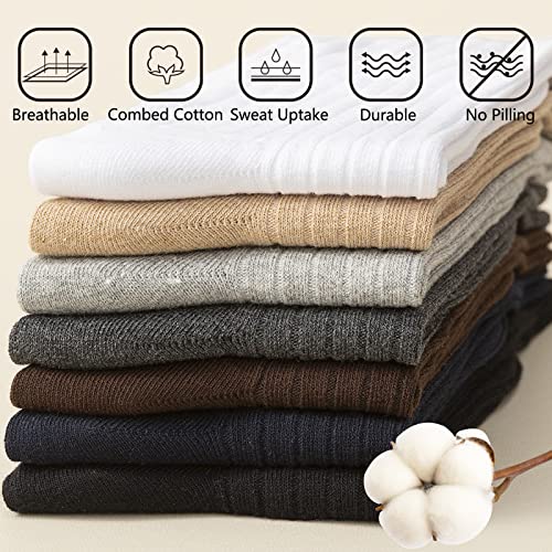PUJANE Men's Dress Crew Socks 5 Pairs - Beige, Coffee, Grey, Navy, Light Grey, 9-12