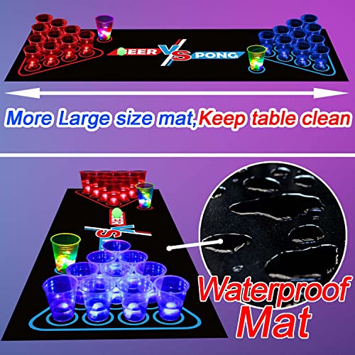 Glow-in-The-Dark Beer Pong Set with Table Mat, Cups, LED Lights & Pongs for Indoor Outdoor Party