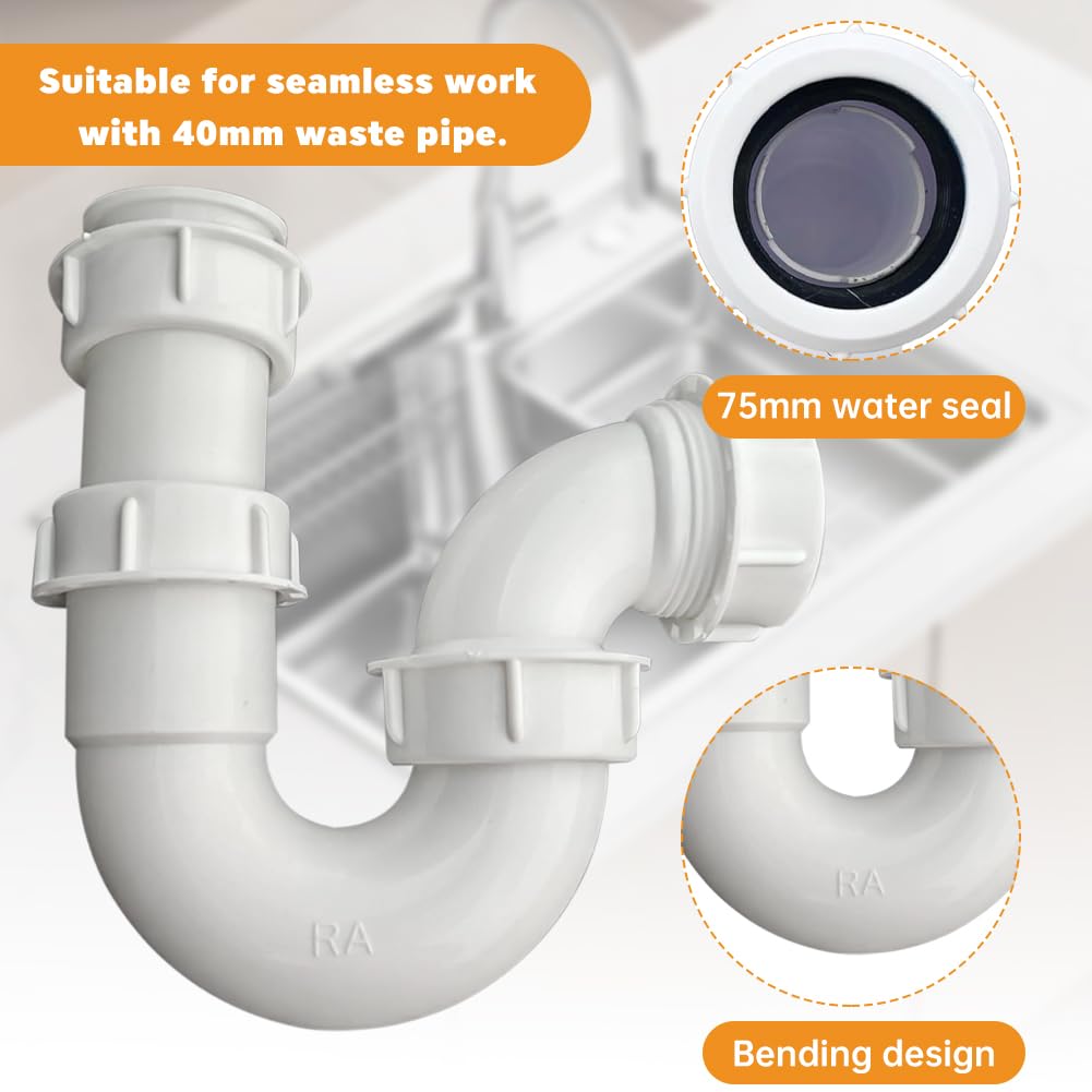 DIA 40MM Sink Drain Pipe Swivel P Trap with 75mm Water Seal for Bathroom & Kitchen - Easy Install Kitchen Sink Plumbing Kit