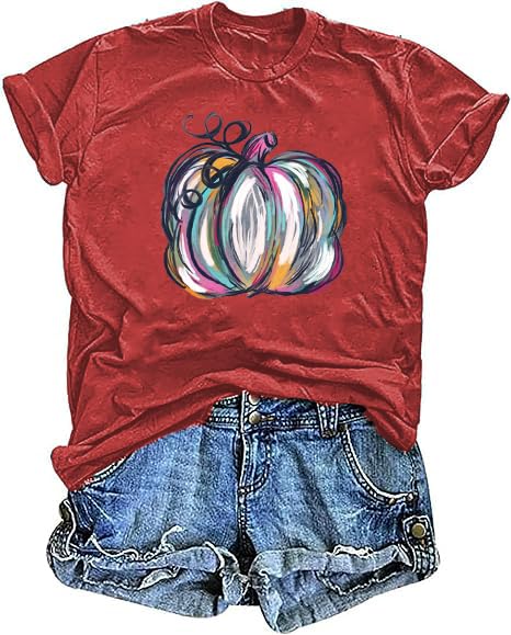 Pumpkin Graphic T-Shirt for Women - Casual Autumn Tee - Hft-Brown02 Medium