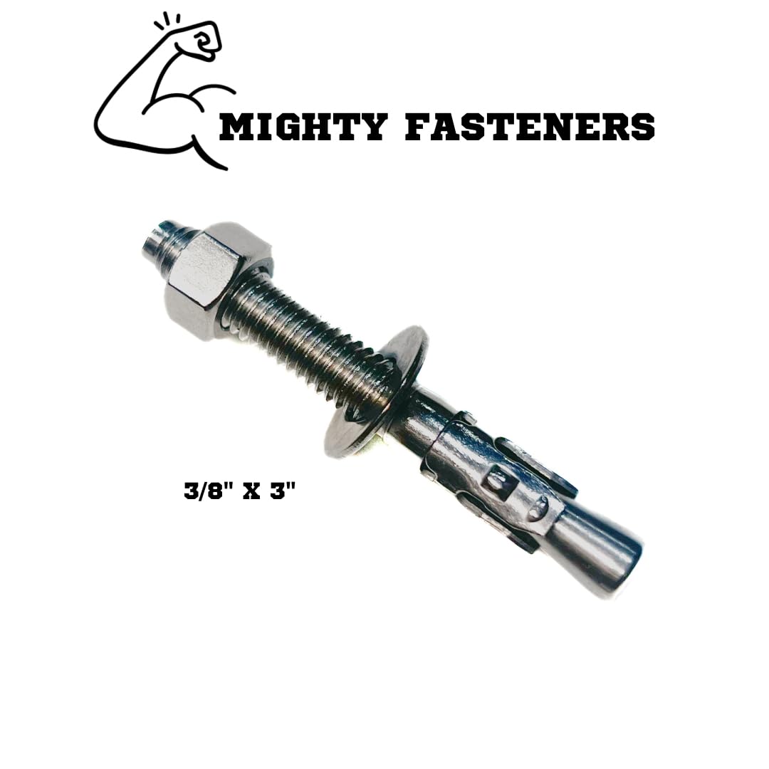 Mighty Fasteners Wedge Anchors – Heavy-Duty 304 Stainless Steel Expansion Bolts for Concrete & Masonry, Rust-Resistant & Durable - 3/8" X 3" - 5 Pack