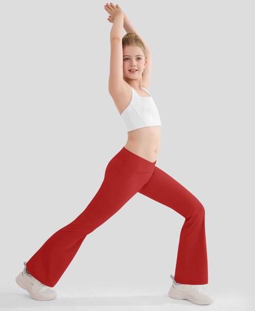 DOCUMO Girls Flare Leggings with Pockets - Crossover Waist Bell Bottoms Full Length Bootcut Leggings for Girls Yoga Dance Athletic Pants Kids (Red, Small)
