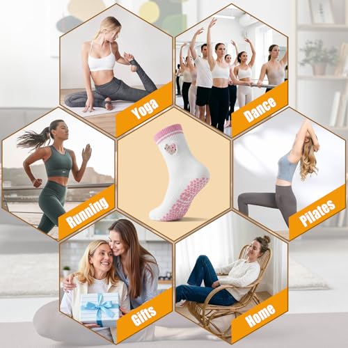 Anti-Slip Pilates Socks for Women - Breathable Yoga Socks - Pink Bear
