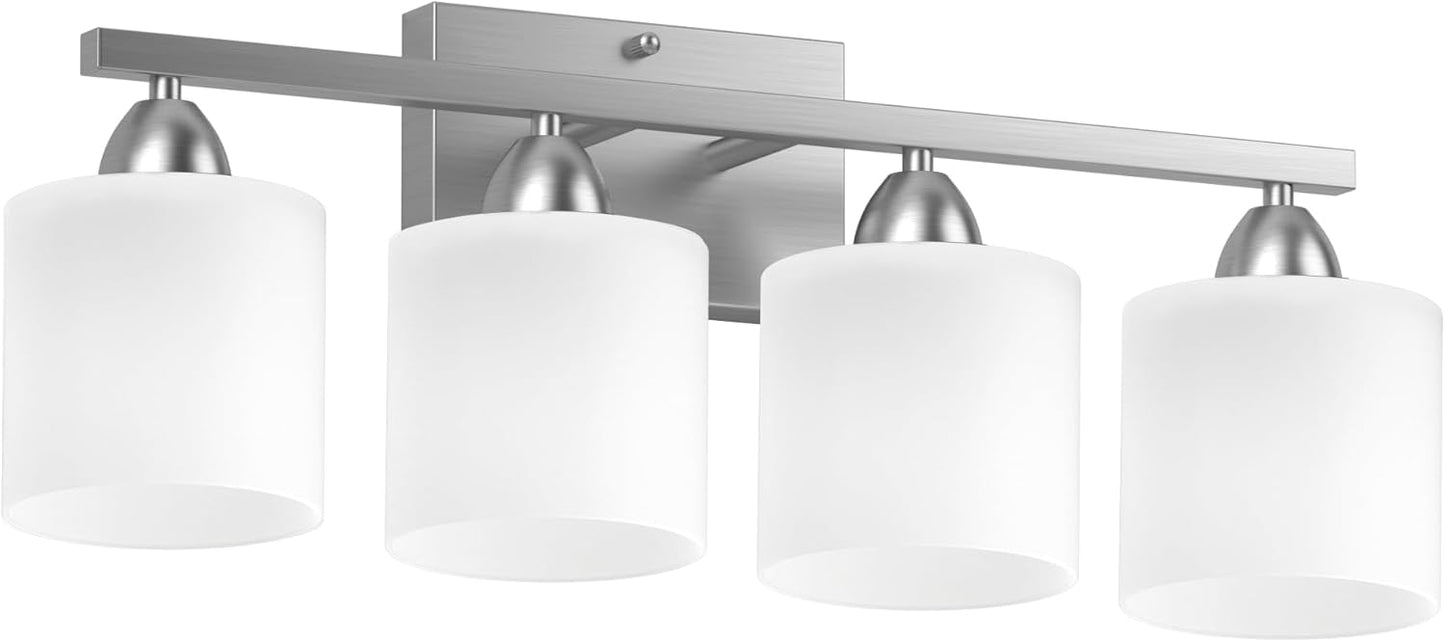 Modern 4-Light Bathroom Vanity Light Fixture - Anti-Rust Over Mirror Sconce with Milky White Glass Shades, E26 Base