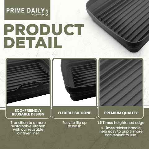 Prime Daily Essentials Silicone Air Fryer Toaster Oven Tray Liner – Extra-Large Capacity, Microwave Safe, Easy Cleanup - Includes Mitts & Tongs