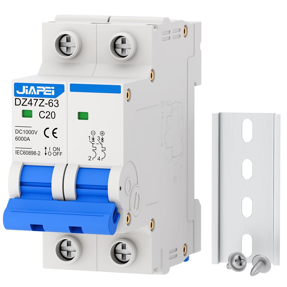 DC Miniature Circuit Breaker, 1000V 2 Pole 20 Amp Isolator for Solar PV System, Thermal Magnetic Trip DIN Rail Mount, C20 DC Disconnect Switch