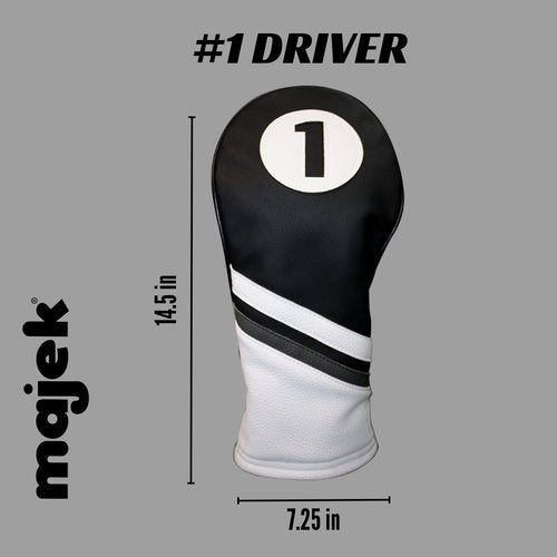 Majek Retro Golf Headcover Gray Black and White Vintage Leather Style 1 Driver Head Cover Fits 460cc Drivers