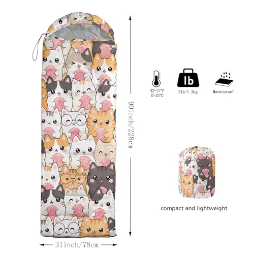 QOOMO Kawaii Cat 3-Season Camping Sleeping Bag, 31x90 in, Waterproof, 3 lb