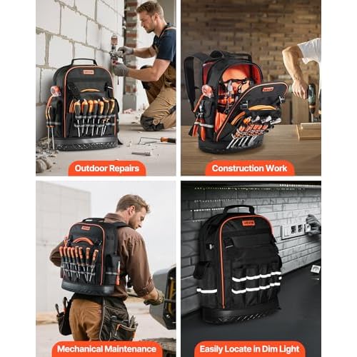 VEVOR Tool Backpack, 64 Pockets, Heavy-duty Tools Storage Organizer Work Bags Backpack with Laptop Compartment & Molded Base, Electrician Jobsite Backpack for Electrician, Repairman, and HVAC Techs