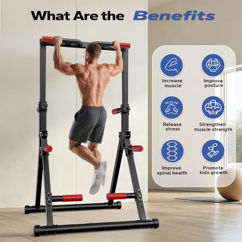 Foldable Adjustable Pull Up Bar - Red Power Tower Dip Station