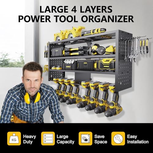 Large Power Tool Organizer Wall Mount, 4 Layer Garage Storage Cordless Tool Organizer with 8 Drills Holder, Heavy Duty Premium Metal Load 400 lbs, Ideal Garage Organization Gifts for Men