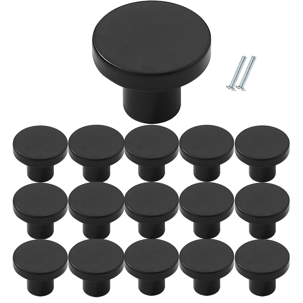 CABDM 18 Packs of 1-1/5-inch Matte Black Drawers and Cabinet knobs, Round pulls, Suitable for bathrooms, Closets, Kitchens and Dressing Tables