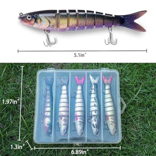 Topwater Bass Fishing Lure Kit - 5 Pack Multi-Jointed Swimbaits