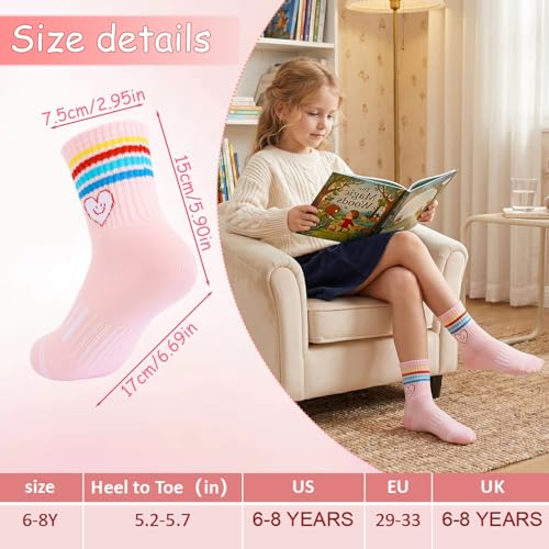Girls Athletic Crew Socks - 6 Pairs for Ages 6-8 - Pink, Blue, Gray & More