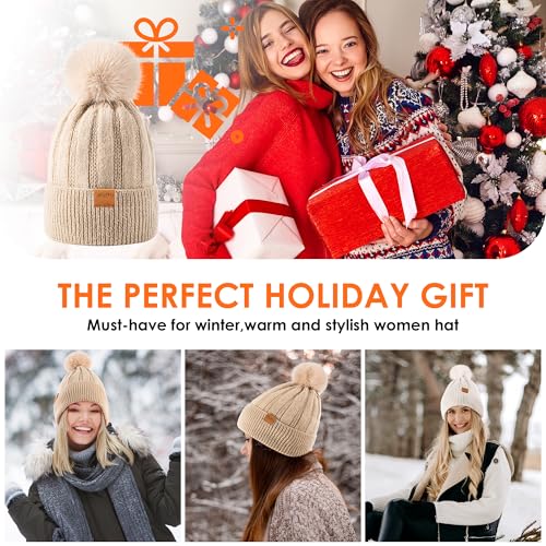 Women's Winter Beanie Hat, Fleece Lined Knit Cap with Faux Fur Pom Pom - Lightgrey