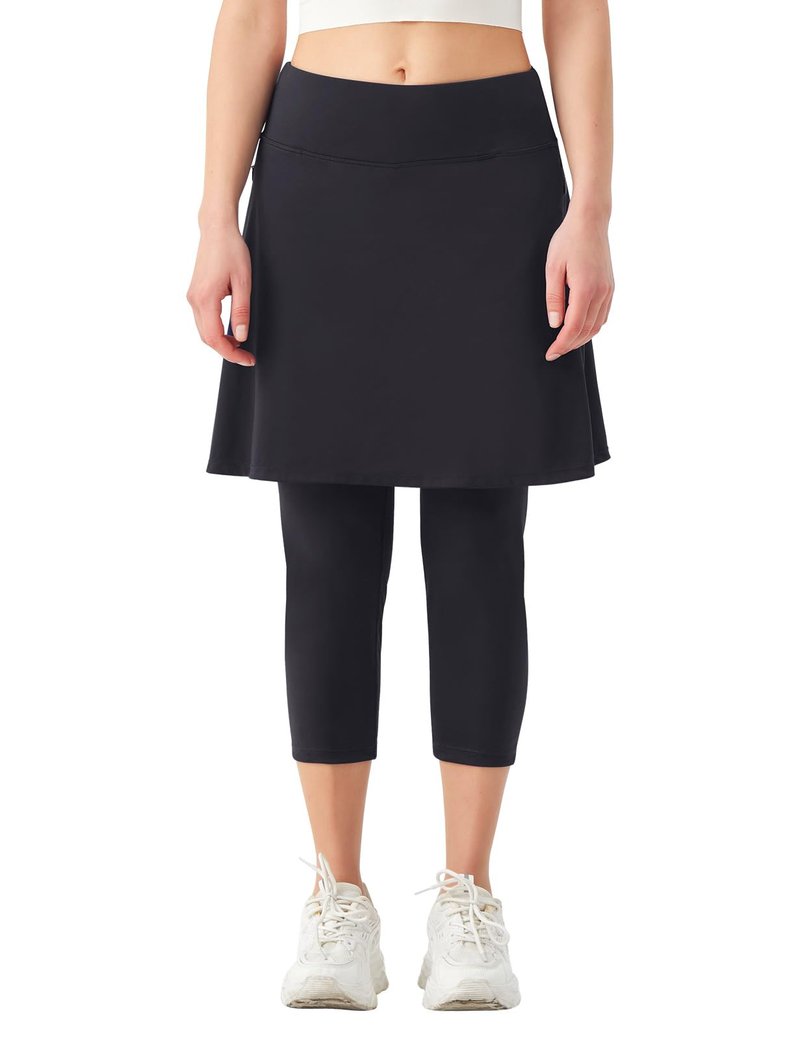 BELEROY Skirted Leggings for Women,Knee Length Leggings with Skirt Tennis Golf Athletic Skirt Legging with Zipper Pockets(Black,L)