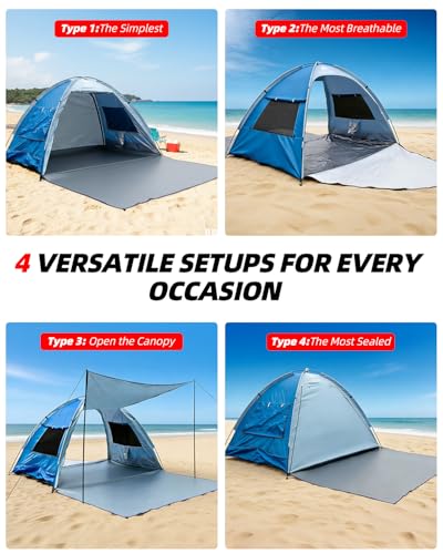 Blue 3-Person Beach Tent Sun Shelter UPF 50+ UV Protection Portable Canopy