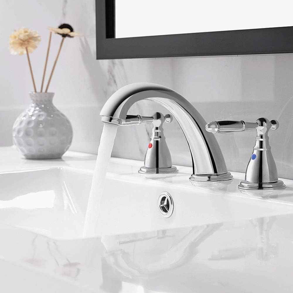Phiestina 8-Inch Widespread Bathroom Faucet - Chrome, Lead-Free, Metal Pop-Up Drain, Model WF008-4-C