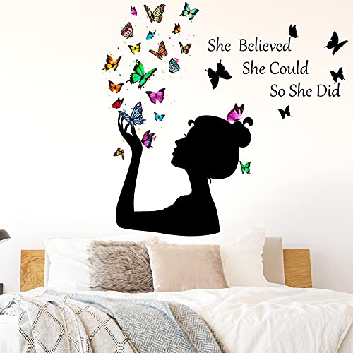 Chinco Inspirational Quote Wall Decals Butterfly She Believed She Could So Did Wall Stickers Positive Sayings Vinyl Stickers for Women Graduation Back to School Bedroom Living Room Office Classroom