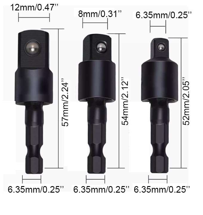 4-in-1 Impact Drill Bit Extension Set with a 105° angle screwdriver bit, right angle drill adaptor, and 360° rotatable socket adapters for 1/4", 3/8", and 1/2" sizes