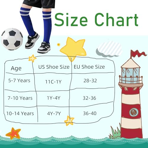 Kids Soccer Socks 5-7 Years Pack - Toddler Athletic Knee-High Football Socks (Black/Blue/White/Green)
