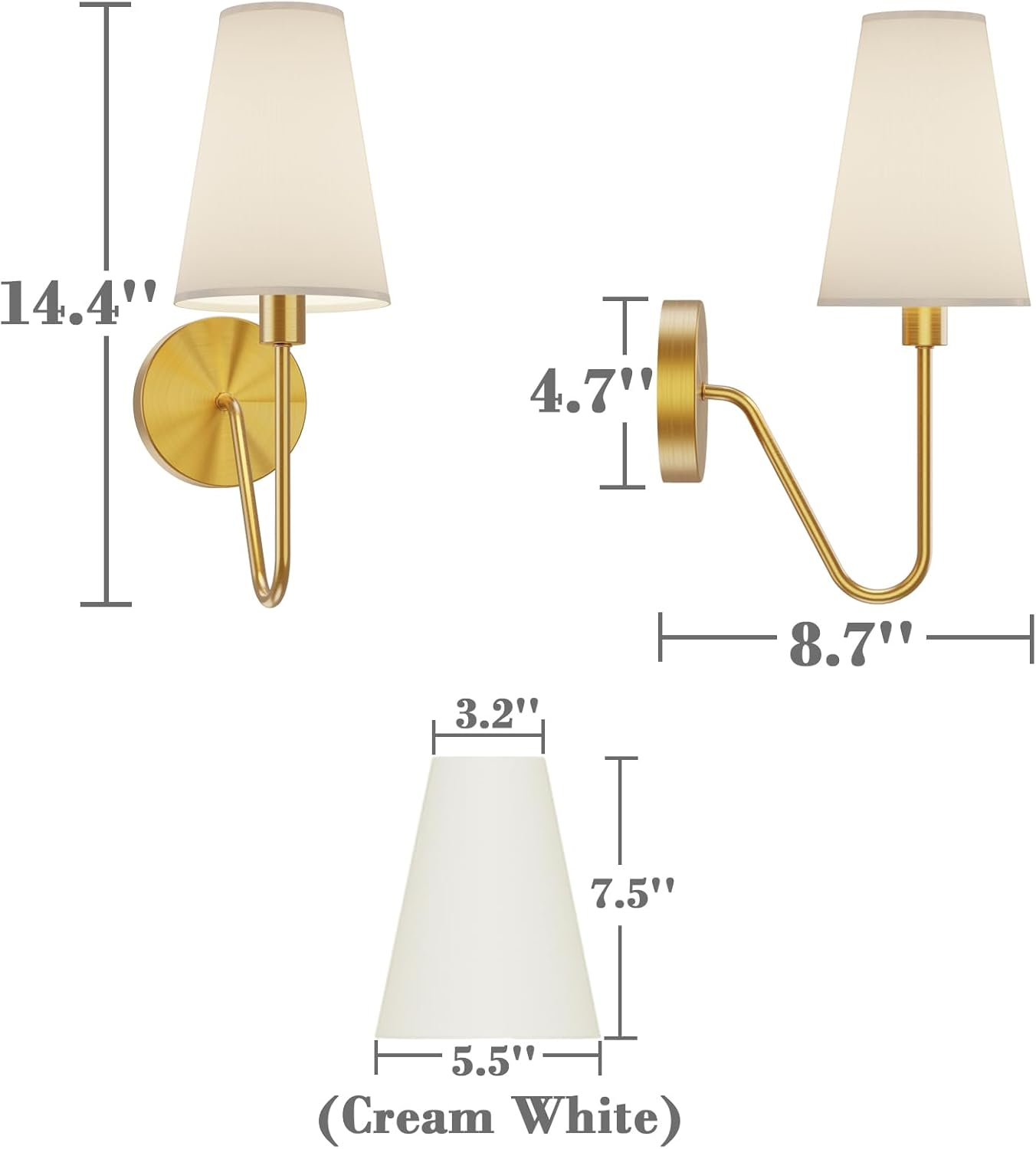 Gold Wall Sconce Lighting Fixture - Set of 2 Classic E12 Hardwired Lamps with Cream Shades
