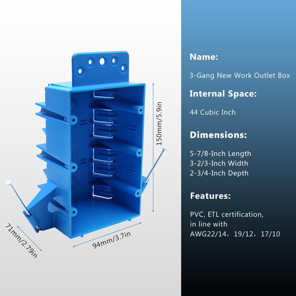 3-Gang PVC New Work Electrical Box,5-7/8-Inch Length by 3-2/3-Inch Width by 2-3/4-Inch Depth, Switch and Outlet Box Three Gang with Nail for Residential 1pc
