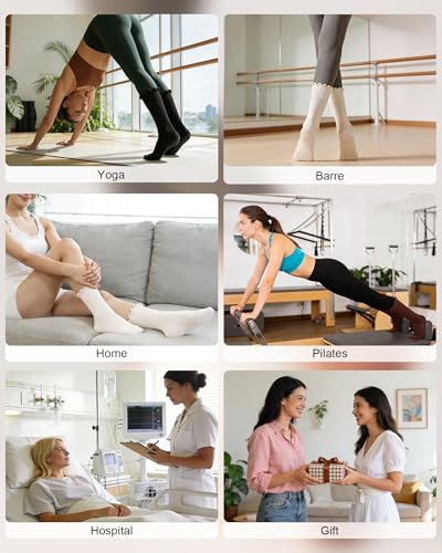 Non-Slip Pilates Socks for Women - 4 Pack with Ruffle Detail - Black