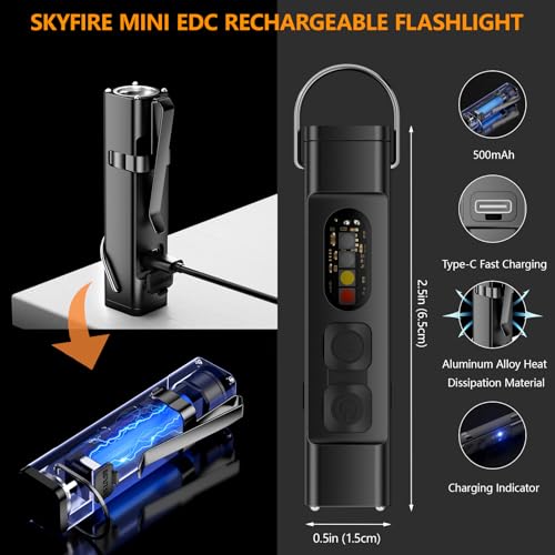 SKYFIRE 2Pack Rechargeable EDC Flashlight with Electric Lighter,Clip and Magnetic Base,Mini Flash Lights with UV Red and White LED Light Portable Pocket Light for Outdoors Indoor Emergency Working