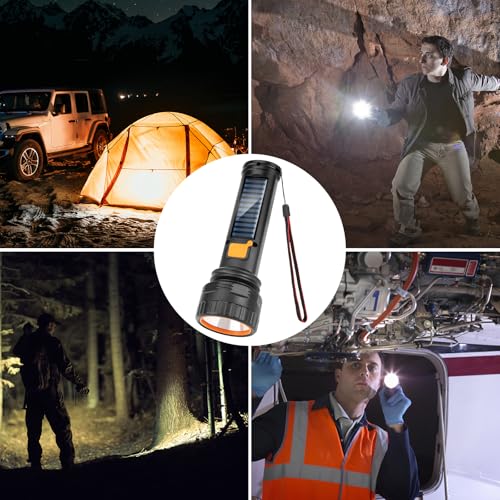 KERNOWO Solar Flashlights, 1500 Lumens Led Solar Powered Flashlight with Digital Display 2000mAh Battery Rechargeable Handheld IP65 Waterproof Flashlights for Survival Emergencies, 4 Pack
