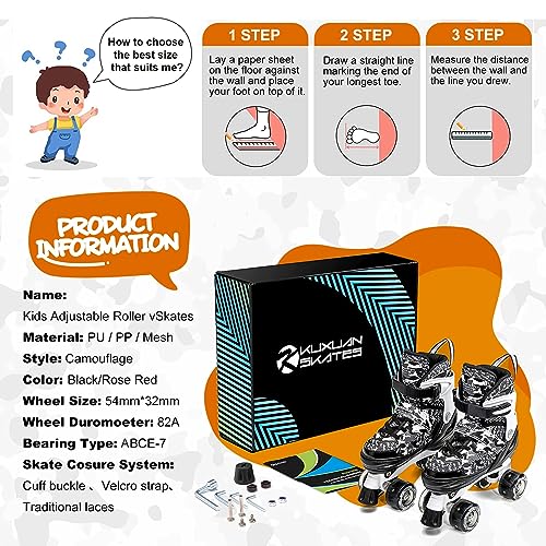 Kuxuan Adjustable Kids Roller Skates - Camo Black, Large (Youth 4-7 US) with Illuminating Wheels