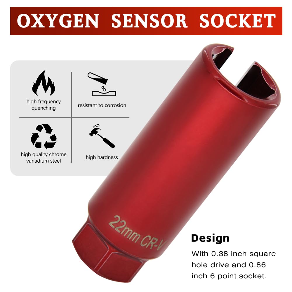 Apeixoto Oxygen Sensor Socket with Side Wire Cutout 1/2” Inch Drive x 7/8”(22mm) O2 sensor socket removal Tool for Vehicles (Red)